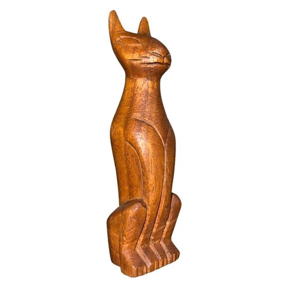 Vintage Carved Wood 6” Cat Sculpture Polynesian Tiki Sculpture Cat Totem - Picture 2 of 7